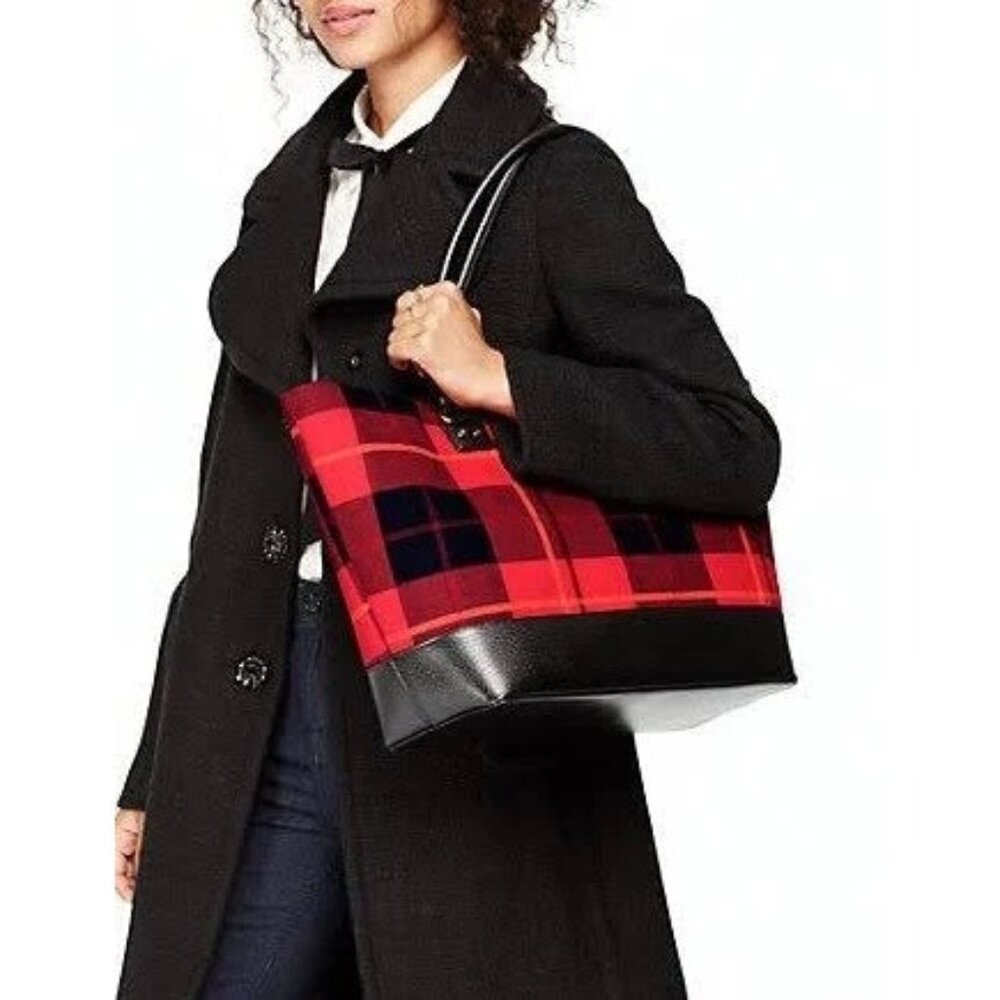 NWOT Kate Spade New York Medium Harmony Plaid Tote Bag With Black Leather Bottom